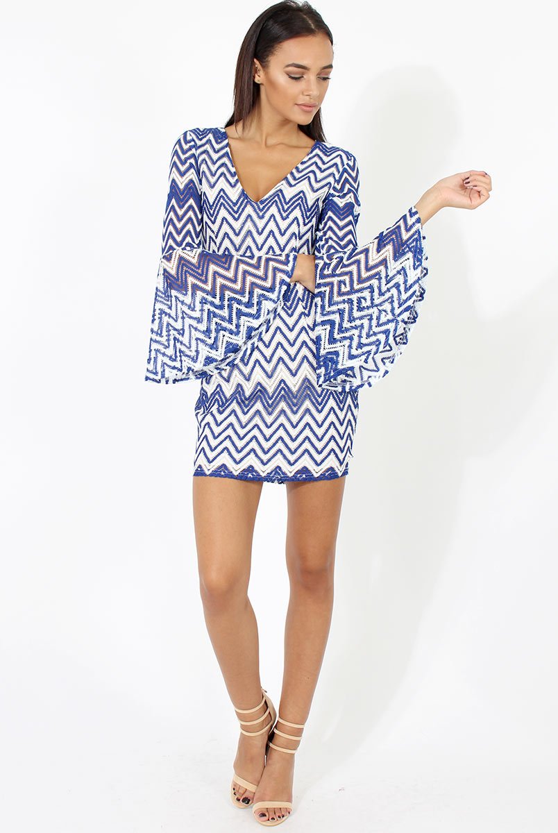 Blue & White Crochet Flare Sleeve Dress - Kady-Dresses