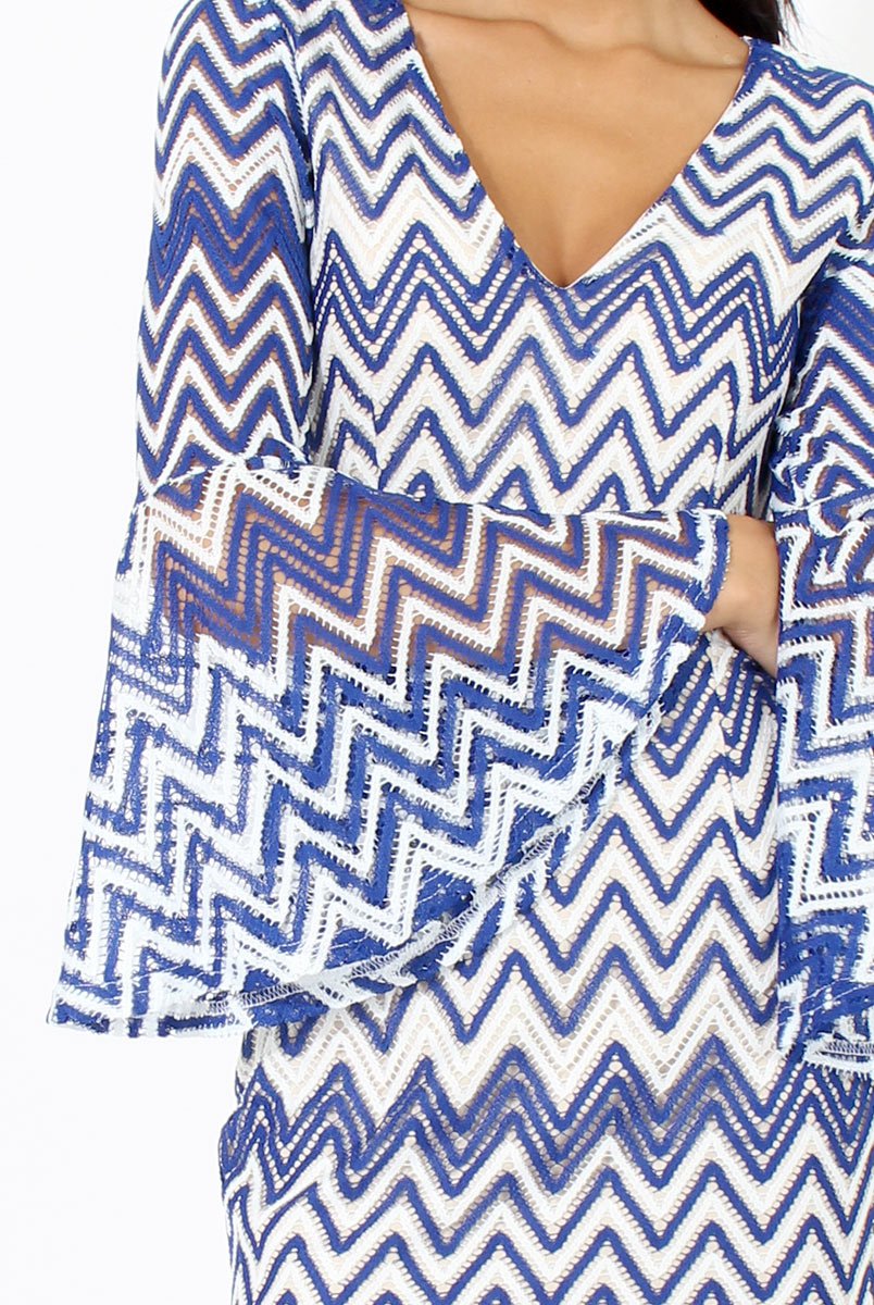 Blue & White Crochet Flare Sleeve Dress - Kady-Dresses