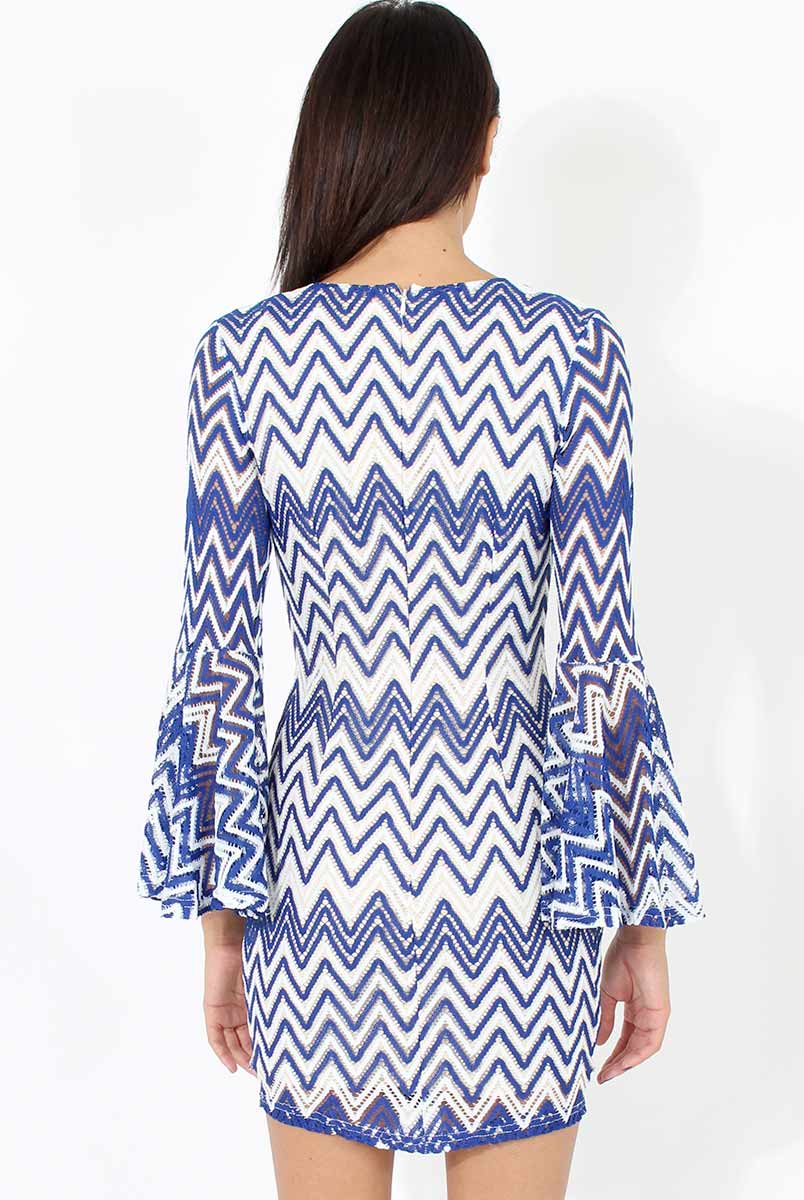 Blue & White Crochet Flare Sleeve Dress - Kady-Dresses