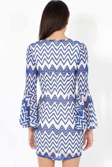 Blue & White Crochet Flare Sleeve Dress - Kady-Dresses