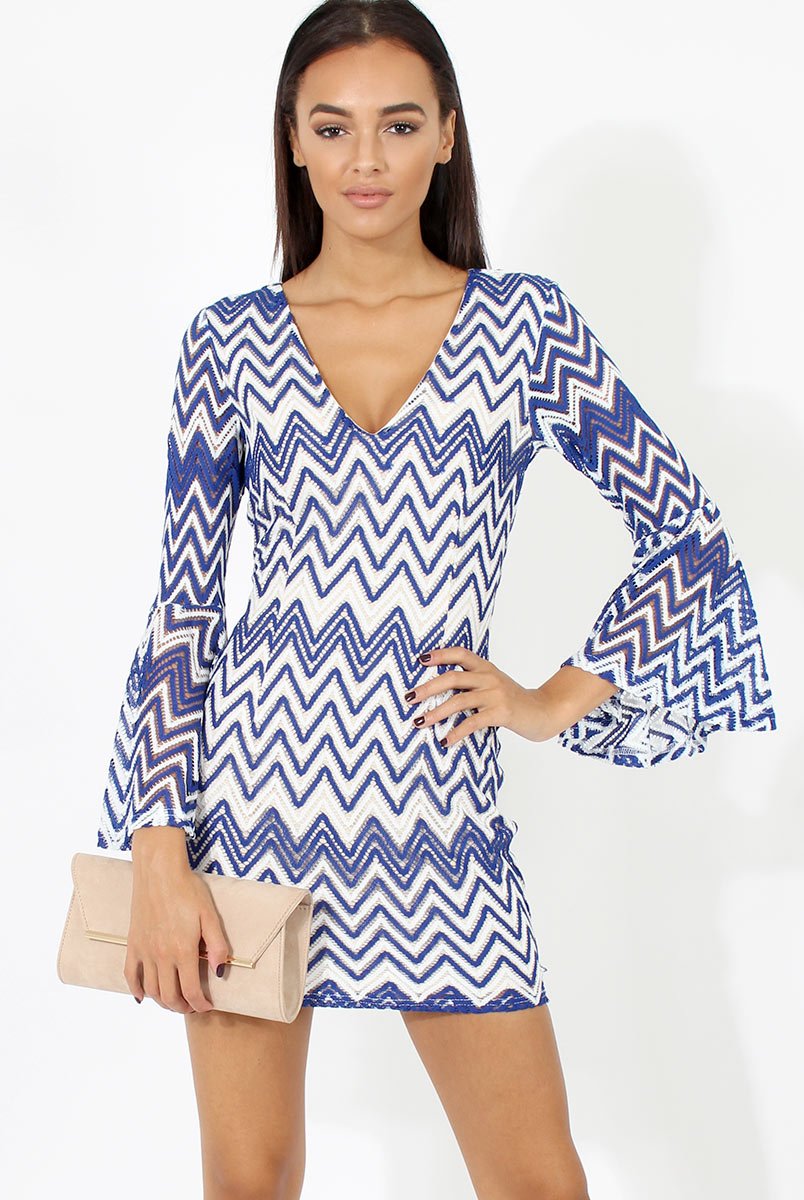 Blue & White Crochet Flare Sleeve Dress - Kady-Dresses