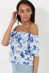 Blue & White Floral Print Bardot Top - Kelly-Tops