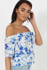 Blue & White Floral Print Bardot Top - Kelly-Tops