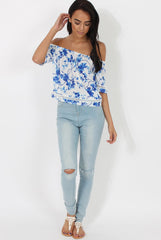 Blue & White Floral Print Bardot Top - Kelly-Tops