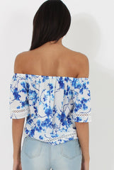 Blue & White Floral Print Bardot Top - Kelly-Tops