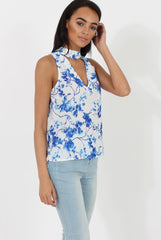 Blue & White Floral Print V Top - Gia-Tops