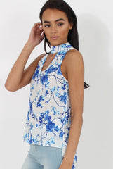 Blue & White Floral Print V Top - Gia-Tops