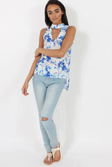 Blue & White Floral Print V Top - Gia-Tops
