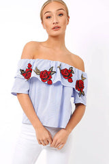 Blue & White Striped Embroidered Bardot Top - Catia-Tops