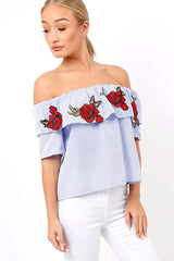 Blue & White Striped Embroidered Bardot Top - Catia-Tops