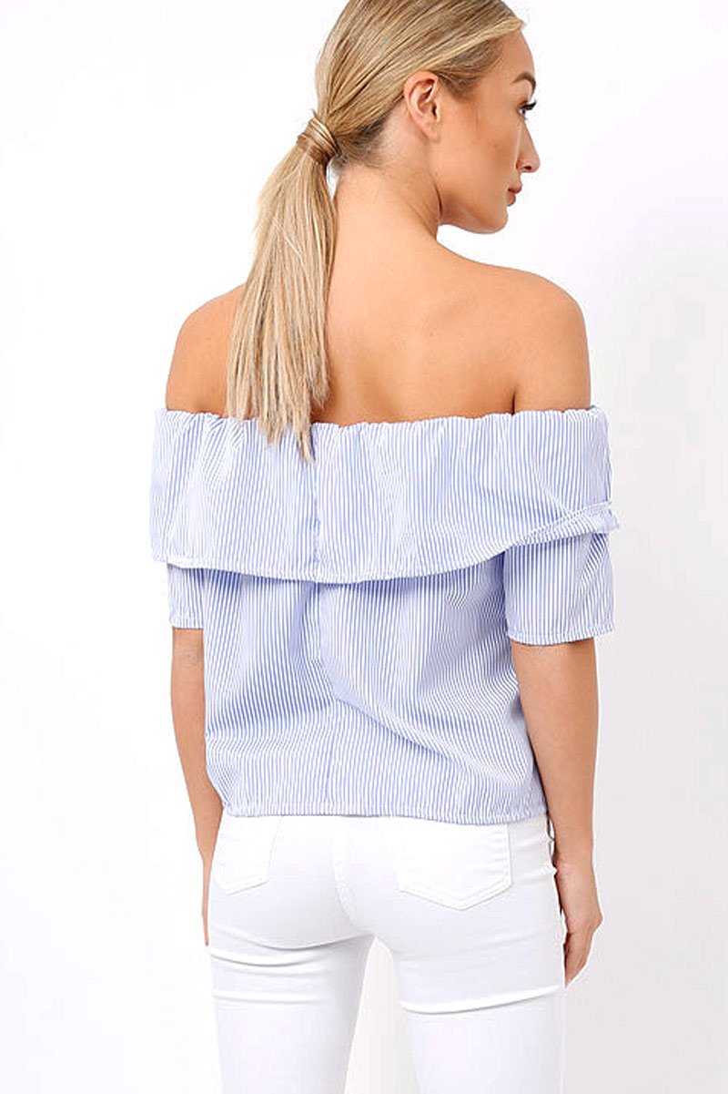 Blue & White Striped Embroidered Bardot Top - Catia-Tops