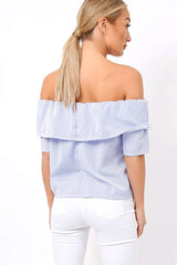 Blue & White Striped Embroidered Bardot Top - Catia-Tops