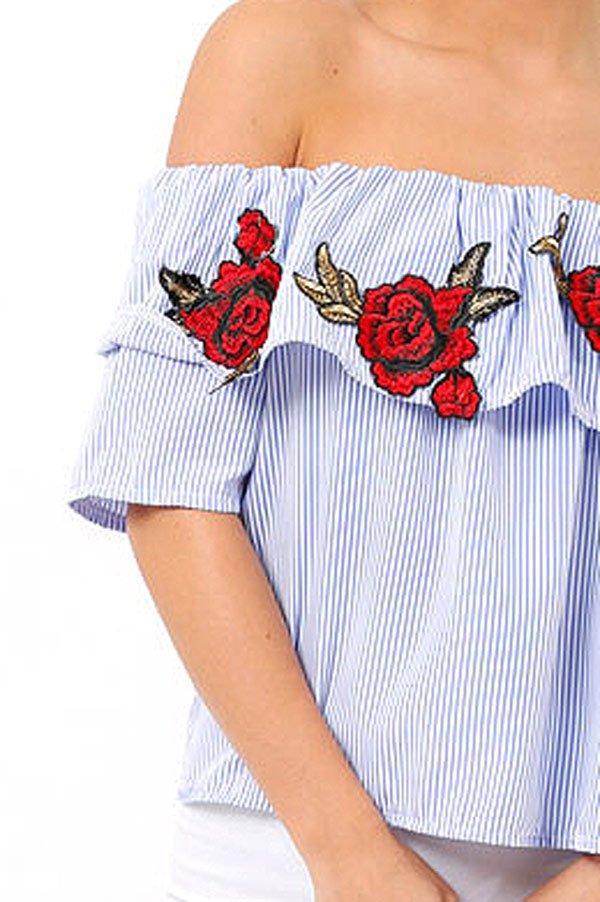 Blue & White Striped Embroidered Bardot Top - Catia-Tops