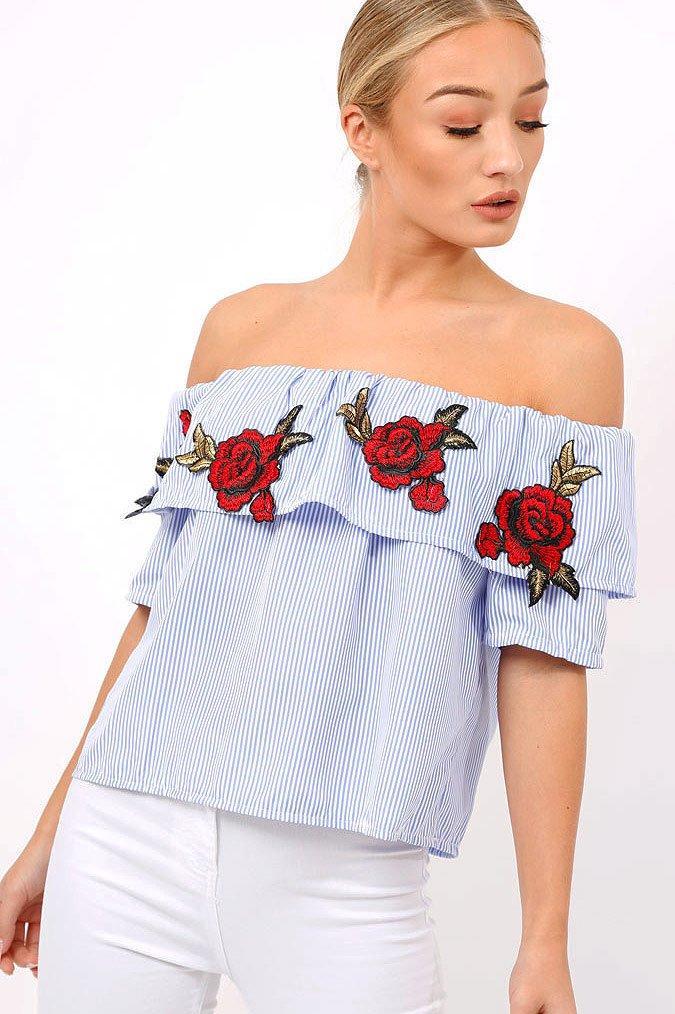 Blue & White Striped Embroidered Bardot Top - Catia-Tops