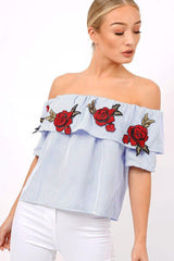Blue & White Striped Embroidered Bardot Top - Catia-Tops