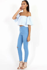 Blue & White stripe Bardot Crop Top - Jennifer-Crop Tops