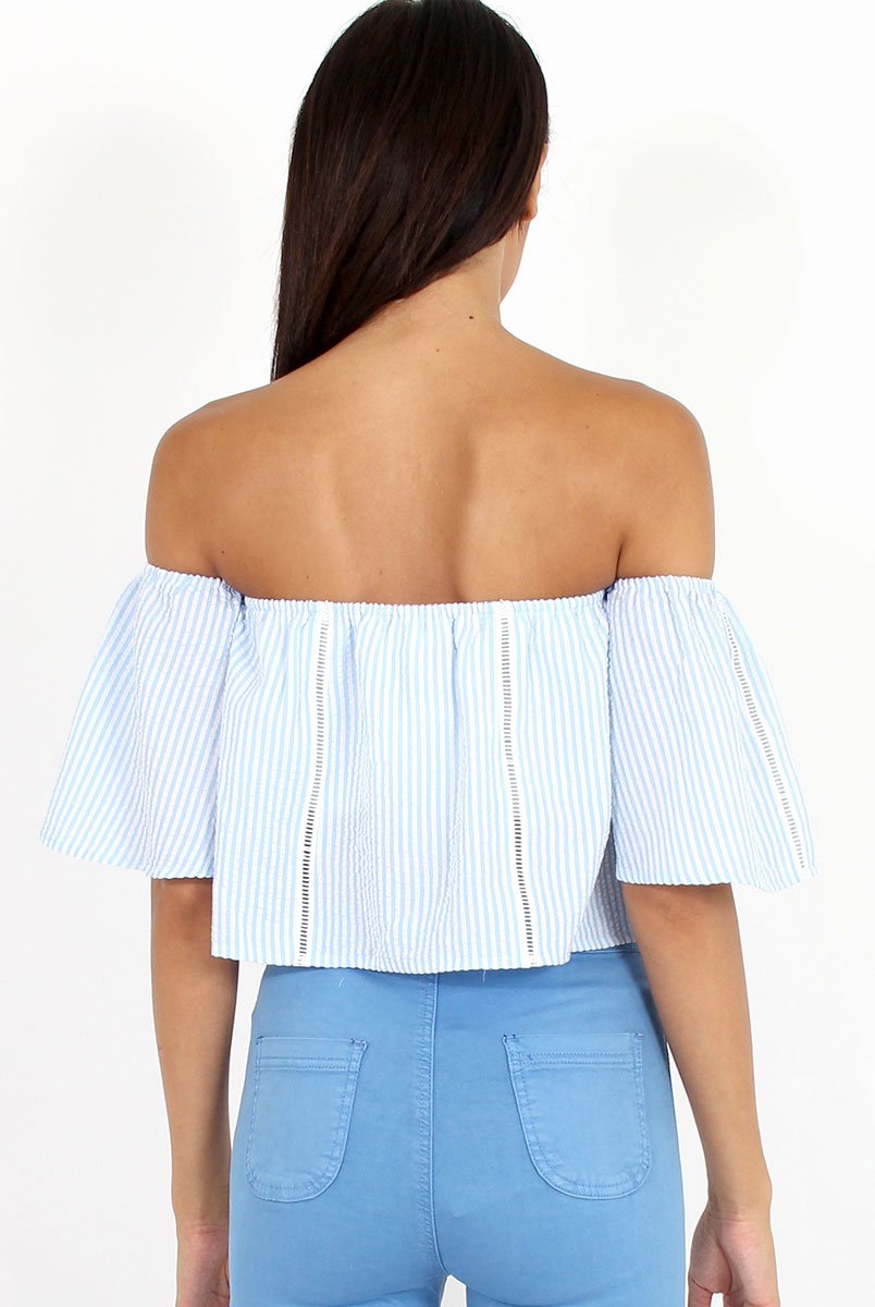 Blue & White stripe Bardot Crop Top - Jennifer-Crop Tops