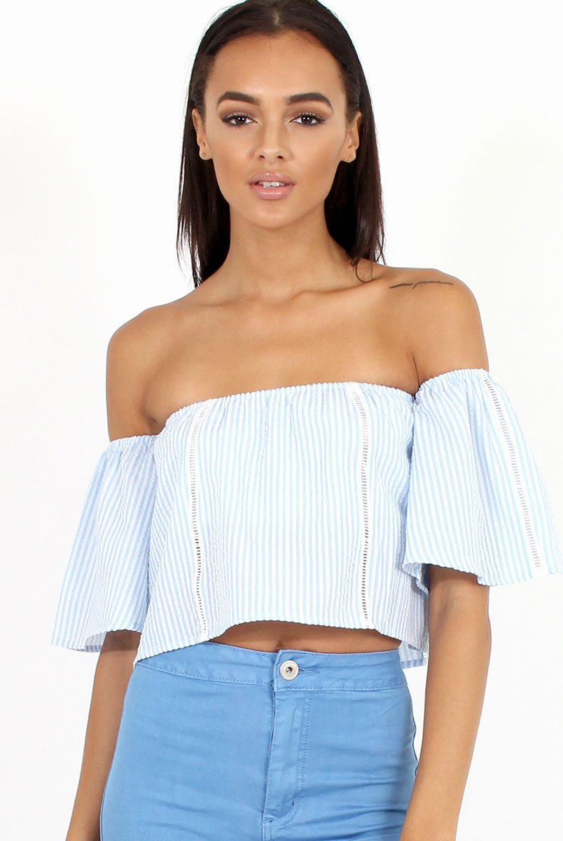 Blue & White stripe Bardot Crop Top - Jennifer-Crop Tops