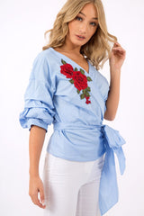 Blue Wrap Around Tie Waist Top - Rhianna-Tops