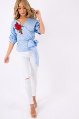 Blue Wrap Around Tie Waist Top - Rhianna-Tops