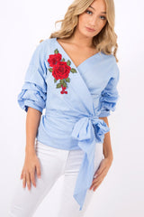Blue Wrap Around Tie Waist Top - Rhianna-Tops