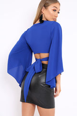 Blue Wrap Tie Crop Blouse - Kay-Tops