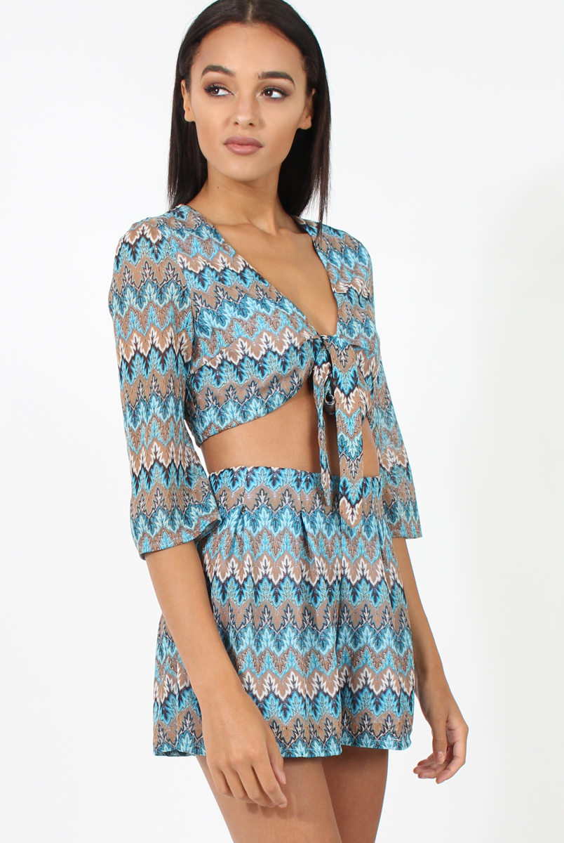 Blue Zig Zag Crochet Tie Front Co-ord - Adele-Co-ords