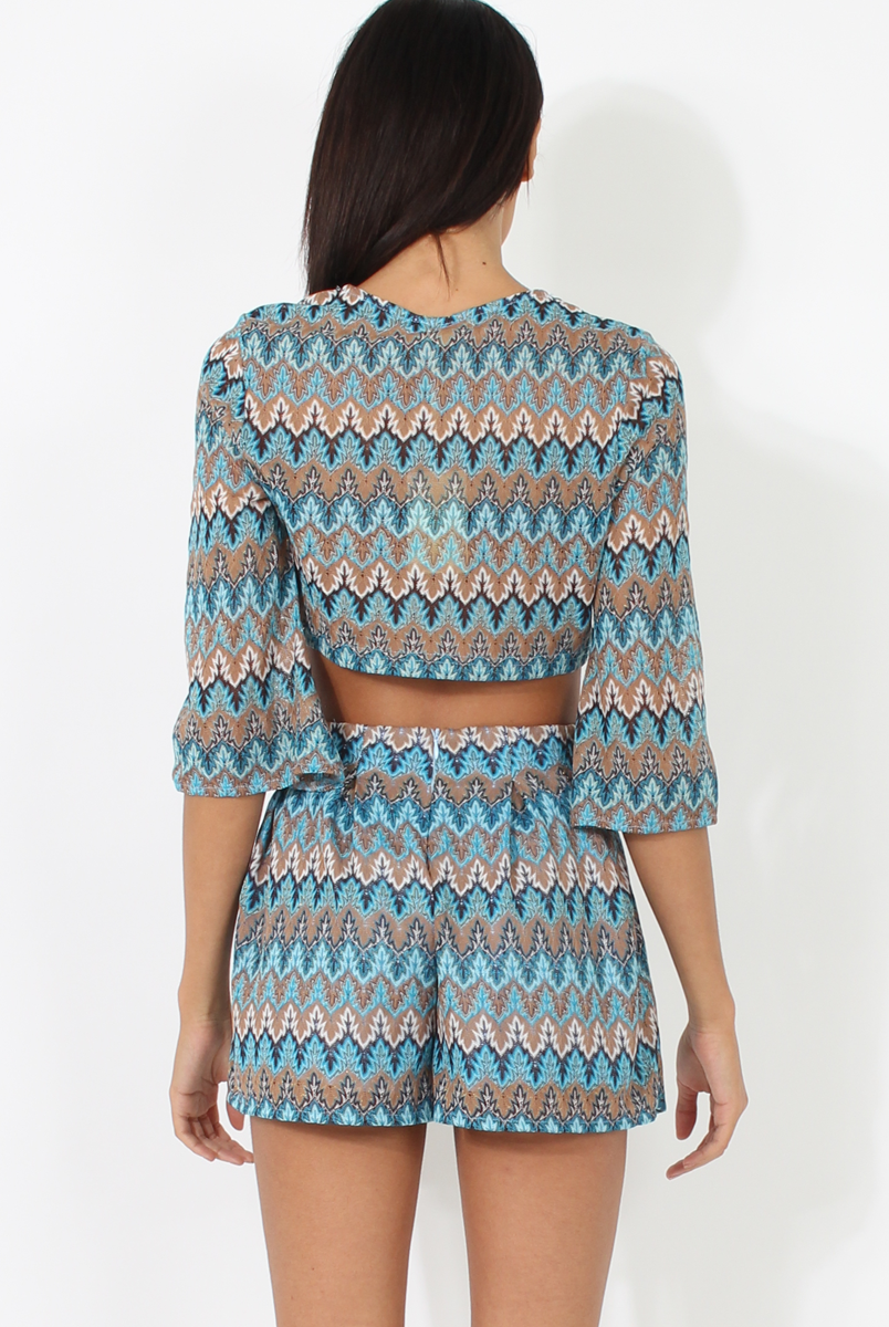 Blue Zig Zag Crochet Tie Front Co-ord - Adele-Co-ords