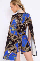 Blue and Black Rope Print Cape Playsuit - Zyona-Playsuits