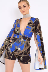 Blue and Black Rope Print Cape Playsuit - Zyona-Playsuits