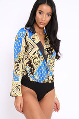 Blue and Gold Scarf Print Satin Plunge Bodysuit - Moniqua-Bodysuits