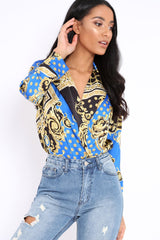 Blue and Gold Scarf Print Satin Plunge Bodysuit - Moniqua-Bodysuits