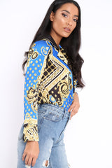 Blue and Gold Scarf Print Satin Plunge Bodysuit - Moniqua-Bodysuits