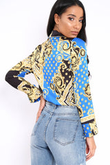 Blue and Gold Scarf Print Satin Plunge Bodysuit - Moniqua-Bodysuits