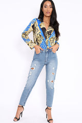 Blue and Gold Scarf Print Satin Plunge Bodysuit - Moniqua-Bodysuits