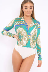 Blue and Green Scarf Print Plunge Bodysuit - Chrissy-Bodysuits