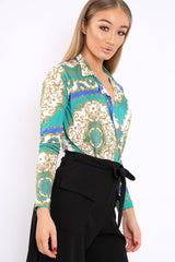 Blue and Green Scarf Print Plunge Bodysuit - Chrissy-Bodysuits