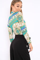 Blue and Green Scarf Print Plunge Bodysuit - Chrissy-Bodysuits