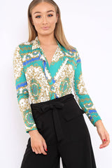 Blue and Green Scarf Print Plunge Bodysuit - Chrissy-Bodysuits