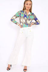 Blue and Green Scarf Print Wrap Front Bodysuit - Jasmina-Bodysuits