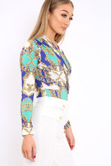 Blue and Green Scarf Print Wrap Front Bodysuit - Jasmina-Bodysuits
