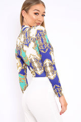 Blue and Green Scarf Print Wrap Front Bodysuit - Jasmina-Bodysuits