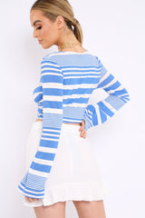 Blue and White Stripe Knot Front Crop Top - Hayzl-Tops