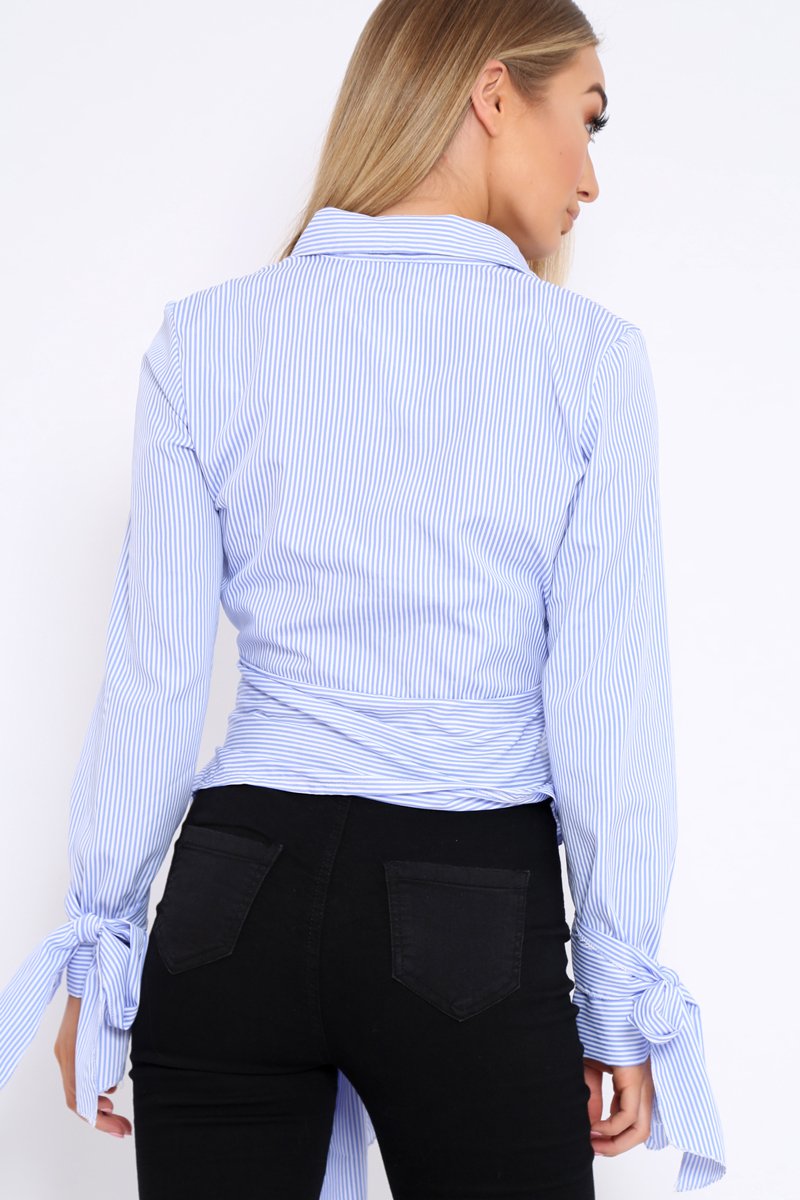 Blue and White Stripe Tie Shirt - Jenica-Tops