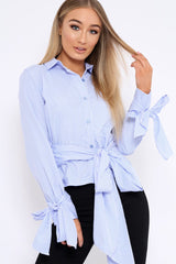 Blue and White Stripe Tie Shirt - Jenica-Tops