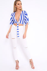 Blue and White Striped Tie Front Crop Top - Yoanna-Crop Tops
