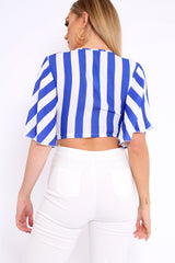 Blue and White Striped Tie Front Crop Top - Yoanna-Crop Tops
