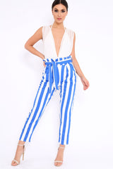 Blue and White Striped Tie Waist Tapered Trousers - Dura-Trousers