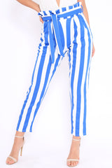 Blue and White Striped Tie Waist Tapered Trousers - Dura-Trousers