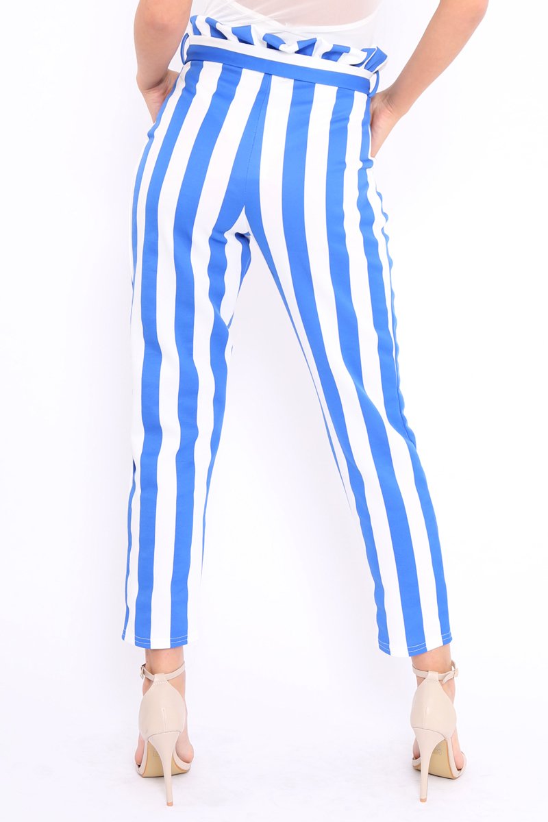 Blue and White Striped Tie Waist Tapered Trousers - Dura-Trousers